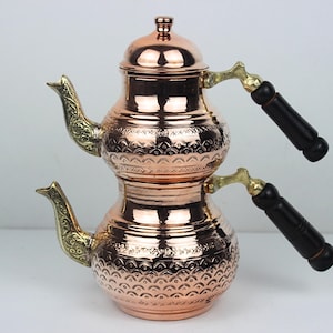 Tetera turca de cobre grabada a mano: tetera doble de estilo otomano