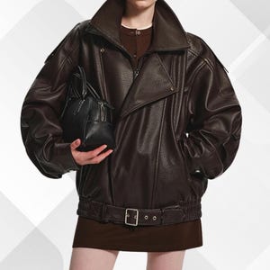 Vintage Brown Leather Jacket for Women | Oversized Biker Style | Real Leather Motorcycle Bomber | Handmade Gift