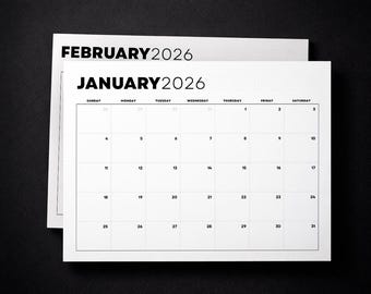 Calendrier 2026 imprimable | Agenda mensuel minimal PDF | Téléchargement numérique