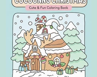 May include: A whimsical illustration of a gingerbread house with snow-covered roof and candy cane chimney. The text "COCOONNG CHRISTMAS" and "Cute & Fun Coloring Book" are displayed above the house. The scene includes Christmas trees, gifts, and falling snow.