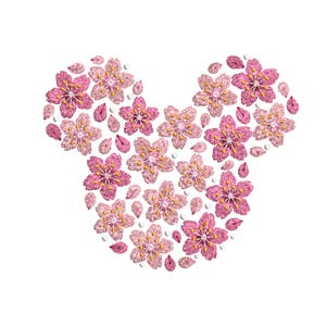 May include: An embroidery design featuring pink cherry blossom flowers arranged in the shape of a mouse head silhouette. The pattern includes multiple five-petaled flowers with yellow centres and scattered individual petals.