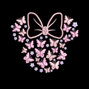 May include: An embroidery design on a black background featuring a large pink outline of a bow at the top, with numerous smaller pink butterflies and tiny light purple flowers arranged to form the shape of a mouse head silhouette.