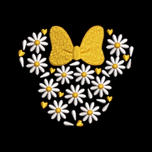 May include: An embroidered design on a black background featuring a yellow bow positioned above a head shape formed by white daisy flowers with yellow centers, accented by small yellow heart shapes scattered throughout the floral arrangement.