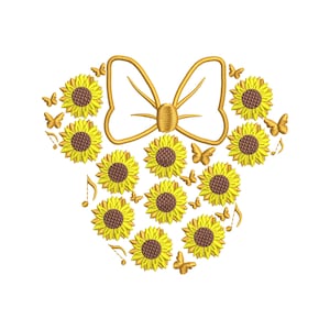 May include: An embroidery design featuring a collection of yellow sunflowers with brown centers arranged in a circular shape. A large gold outline of a bow sits at the top, accented by small gold butterflies and musical note symbols throughout.