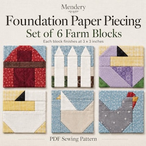 Könnte beinhalten: Ein Set aus 6 Farm-Blöcken für Foundation Paper Piecing, wobei jeder Block 7,62 x 7,62 cm groß ist. Das Muster zeigt eine rote Scheune, einen weißen Zaun, einen gelben Vogel, ein weißes Huhn und ein graues Huhn, mit dem Text Mendery Foundation Paper Piecing.