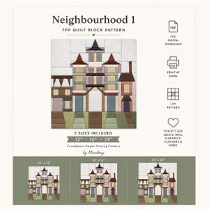 以下が含まれることがあります： 「Neighbourhood 1」と題されたデジタルキルトブロックパターン。青、茶、ピンク、緑の落ち着いた色調で描かれた多層階の建物デザイン。30.48cm、40.64cm、50.8cmの3サイズが含まれており、PDFダウンロード、自宅印刷、ペーパーピーシングのアイコンが表示されています。