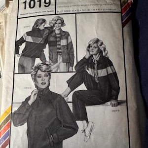 May include: A vintage Stretch & Sew 1019 sewing pattern envelope for a sporty jacket. The front features black and white illustrations of three jacket variations, labeled View A, View B, and View C, with bust sizes 30 through 46 listed.
