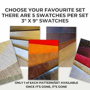 May include: Image features five sets of fabric swatches, each with five samples. The swatches are 3 inches by 9 inches. The text reads: "CHOOSE YOUR FAVOURITE SET THERE ARE 5 SWATCHES PER SET 3" X 9" SWATCHES ONLY 1 of EACH PATTERN/SET AVAILABLE ONCE IT'S GONE, IT'S GONE."