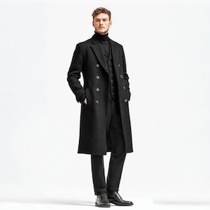 Men&#39;s Black Wool Trench Coat: Long Formal Winter Overcoat