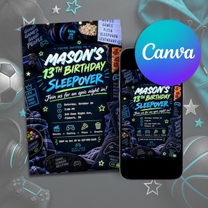 May include: A digital invitation for Mason's 13th birthday sleepover featuring neon blue and green text on a dark background. The design includes icons for movies, gaming, pizza, and snacks, with event details for Saturday, October 18 at 7:00 PM.