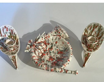 Vintage Christmas Retro Candy Dish Tray Candle Holders MCM Splatter Paint Design