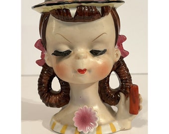 Vintage 1950s Lady Head Vase Young Girl Brunette READ