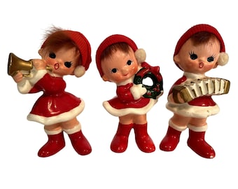 Vintage Christmas Pixie Girl Boy Playing Music Japan Set of 3 MCM