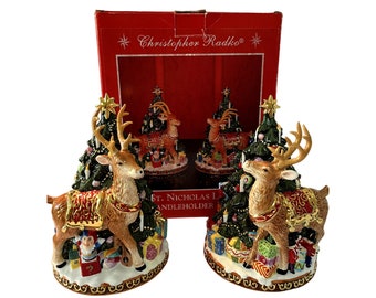 Vintage Christopher Radko St. Nicholas Lane Candleholder Christmas Deer Set