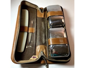 Vintage Mens Travel Grooming Brush Comb Kit Pigskin Leather Case