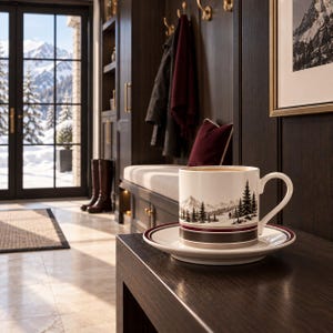 Pode incluir: Uma caneca de café de cerâmica branca com pires a condizer, apresentando uma ilustração a preto e branco de uma paisagem montanhosa nevada com pinheiros e uma pequena figura. A base da caneca e o rebordo do pires têm faixas vermelho-escuras e pretas.