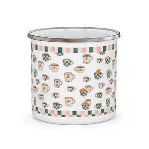 Taza de camping esmaltada con diseño de taza de café / Borde a cuadros retro, estampado acogedor para la cocina