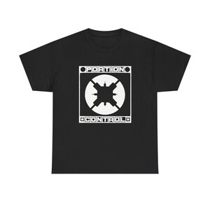 May include: Black t-shirt with a white graphic design. The design features a square frame with the words "PORTION" above and "CONTROL" below. Inside the frame is a circular design with a cross-like shape. A casual tee for everyday wear.