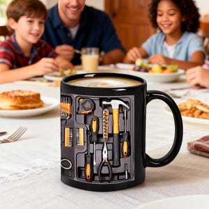 May include: Black coffee mug with a toolbox design. The mug features a detailed graphic of various tools, including a hammer, screwdrivers, and pliers. The mug is filled with coffee and is set on a table with people in the background.