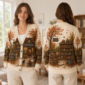 May include: A cream-colored V-neck cardigan featuring a detailed autumn bookstore scene with bookshelves, falling leaves, and a black cat. The front displays the text "THE AUTUMN BOOKSTORE" and "Books Coffee Cozy Reads," while the back shows "SO MANY BOOKS SO LITTLE TIME" and "Just One More Chapter."