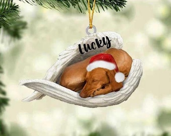 Personalized Vizsla Christmas Ornament, Sleeping Angel Dog Acrylic Ornament, Custom Name Pet Memorial Keepsake