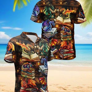 Dragon Book Hawaiian Shirt, Fantasy Aloha Shirt for Men & Women, Summer Beach Shirt, Book Lover Gift, Mythical Dragon Outfit