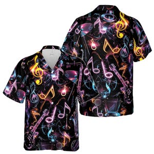 Hawajska koszula muzyczna, neonowa koszula z gitarą aloha, kolorowa koszula z guzikami w nuty, prezent dla miłośnika muzyki w stylu retro, koszula na wakacje na plaży