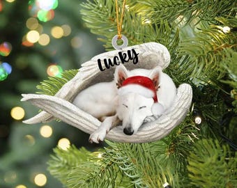 Personalized White Shepherd Dog Memorial Ornament – Sleeping Angel Pet Loss Keepsake, Custom Dog in Angel Wings with Santa Hat