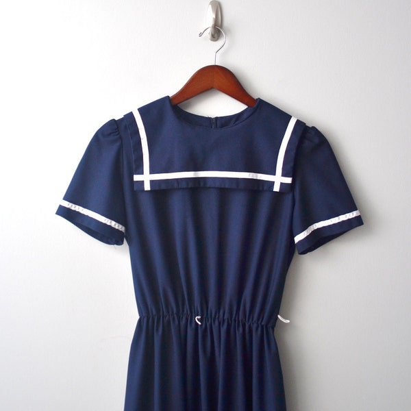 Vintage Semi sheer Nautical DRESS size aprox S/M by Toni, navy blue