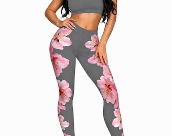 Leggings grigi con stampa floreale di fiori di ciliegio / Pantaloni da yoga elasticizzati e setosi