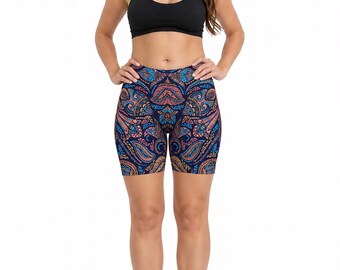 Teal Pink Paisley Biker Shorts | Silky Stretchy Workout Yoga Shorts