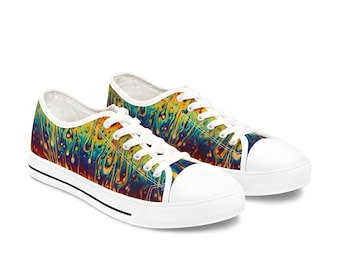 Tênis de lona feminino de cano baixo com estampa psicodélica de chuva ácida | Sapatos de lona coloridos com estampa abstrata de arco-íris