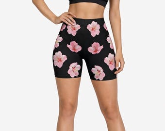 Pantalones cortos de ciclista con estampado de flores de cerezo rosas / Pantalones deportivos con estampado floral