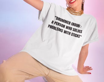 Camiseta de baterista/músico con tipografía divertida, diseño de batería