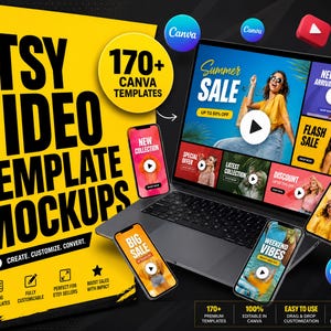 170 modelli video per inserzioni su Etsy, pacchetto di mockup Canva modificabili, kit di presentazione digitale dei prodotti, download immediato per il corso di pianificazione stampabile