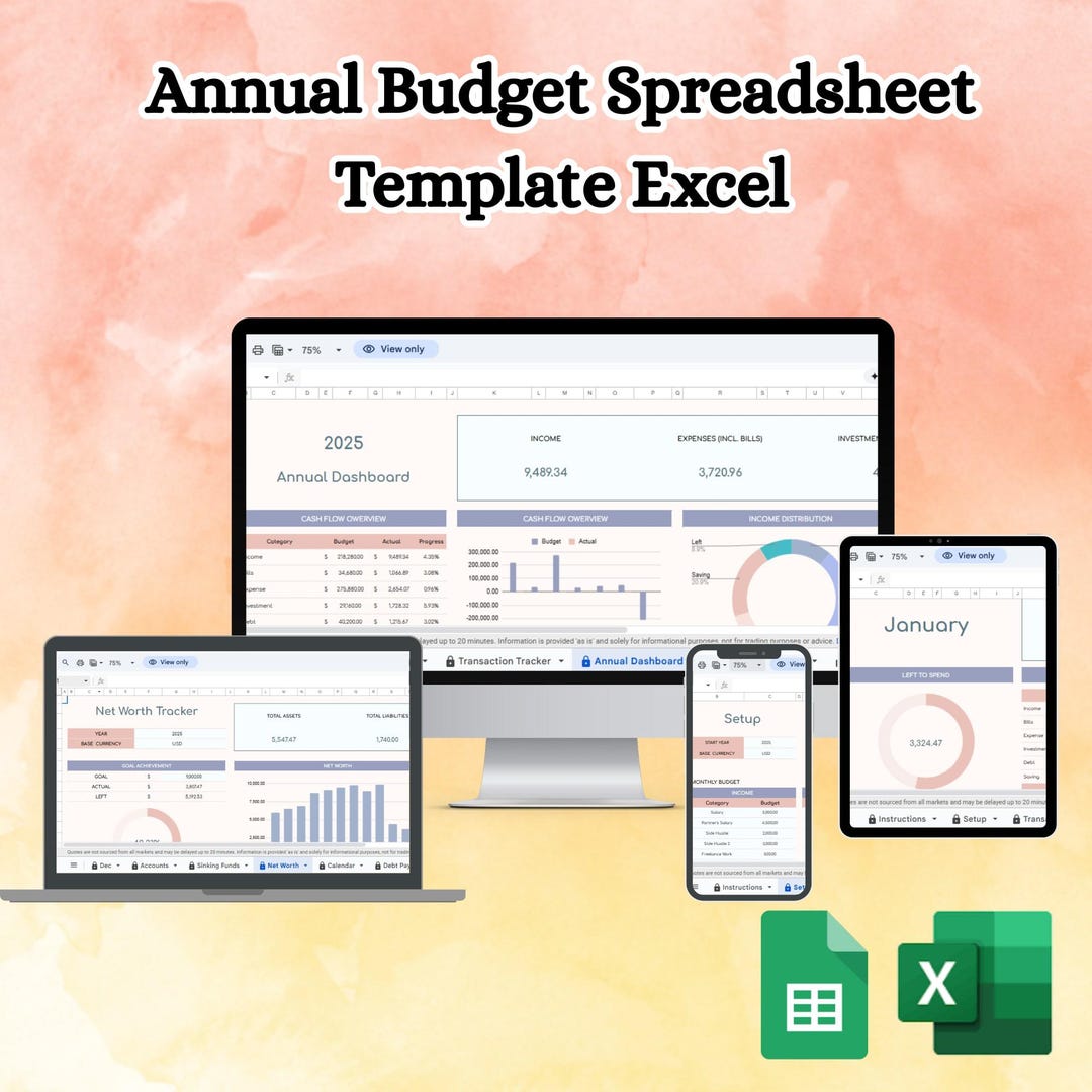 Annual Budget Spreadsheet: Excel & Google Sheets Template - Etsy