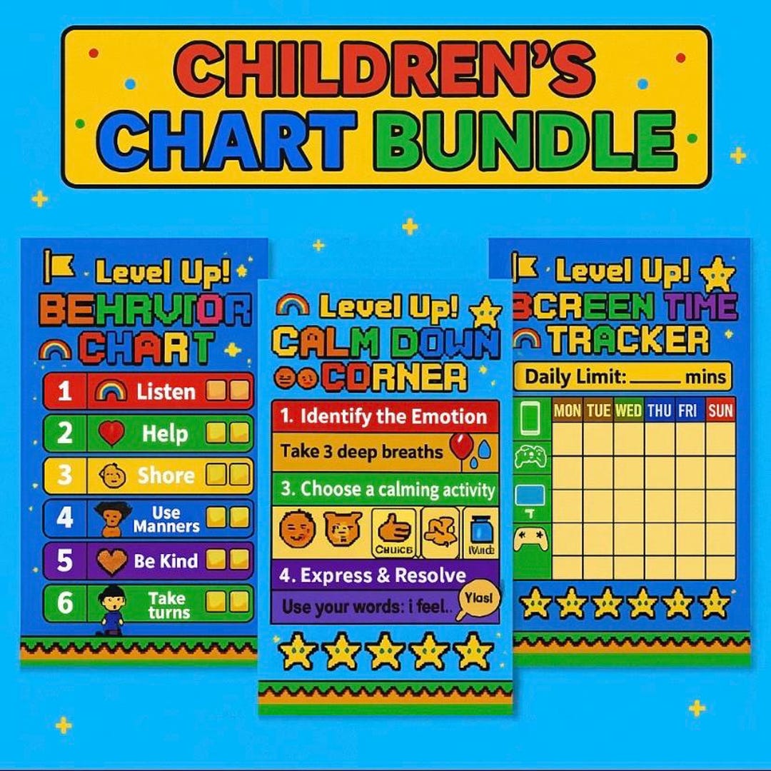Game-themed Kids Chart Bundle: Behavior, Screen Time, Calm Down (PDF ...