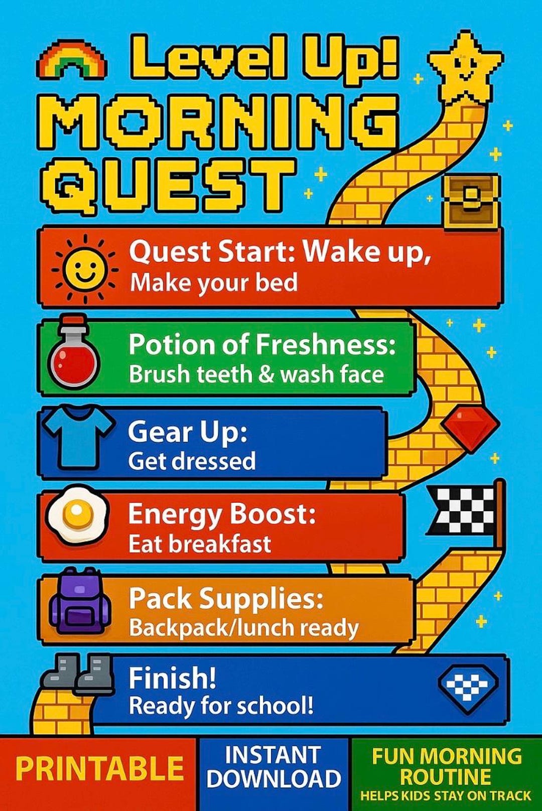 Quest Routine Bags Morning Routine Chart Printable – Kids Daily Quest Checklist | Fun Game ...