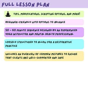 May include: A lesson plan titled "50 Min Trauma Informed Flow" with text in green and purple. The plan includes tips, modifications, and scripting options. It is beginner-friendly and designed by an experienced yoga instructor.