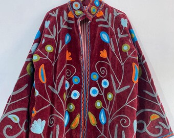 Handmade Suzani Embroidered Velvet Coat - Boho Open Front Jacket