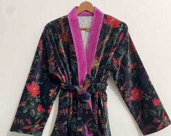 Bird print Velvet Kimono Robe: Reversible Cotton Jacket Gift For Her