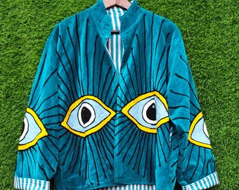 Evil Eye  Velvet Suzani Jacket, Embroidered Boho Coat