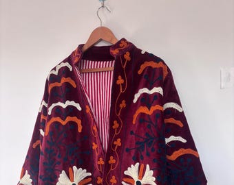 Floral Embroidered Velvet Suzani Jacket: Boho Short Coat Gift For Her