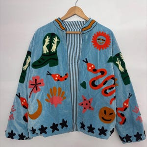 Samt Suzani Jacke, Handgemachter gestickter Boho Mantel