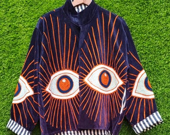 Embroidered Evil Eye Velvet Jacket, Suzani Boho Coat