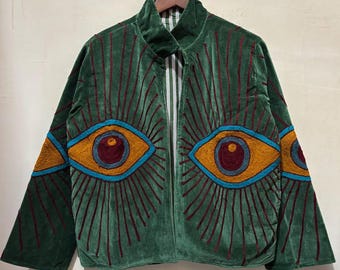Embroidered Evil Eye Green Velvet Suzani Jacket, Bohemian Coat