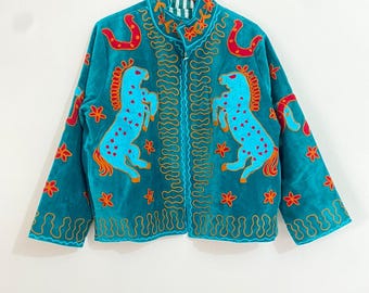 Velvet Suzani Jacket, Handmade Embroidered Boho Coat