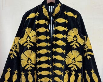 Handmade Black Velvet Suzani Jacket, Floral Embroidered Boho Coat