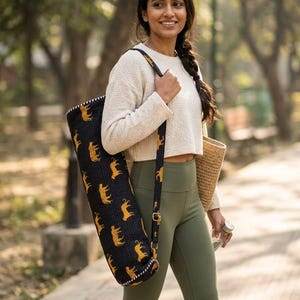 Handblock Quilted Cotton Yoga Mat Bag, tiger print Design, Adjustable Strap, Travel Friendly