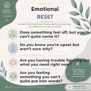 May include: A two-page worksheet titled Emotional Reset with a soft green and cream color palette. It features four questions about identifying feelings and needs, accompanied by icons of a heart, a person, a cloud, and a scale, with leaf accents.